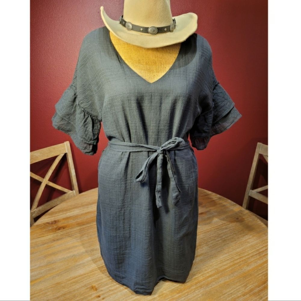 Charcoal Black Dress with Billowing Layered Sleeve